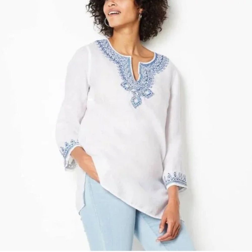 J. Jill love linen women 100% linen Embroidered White and Blue Women's Top tunic